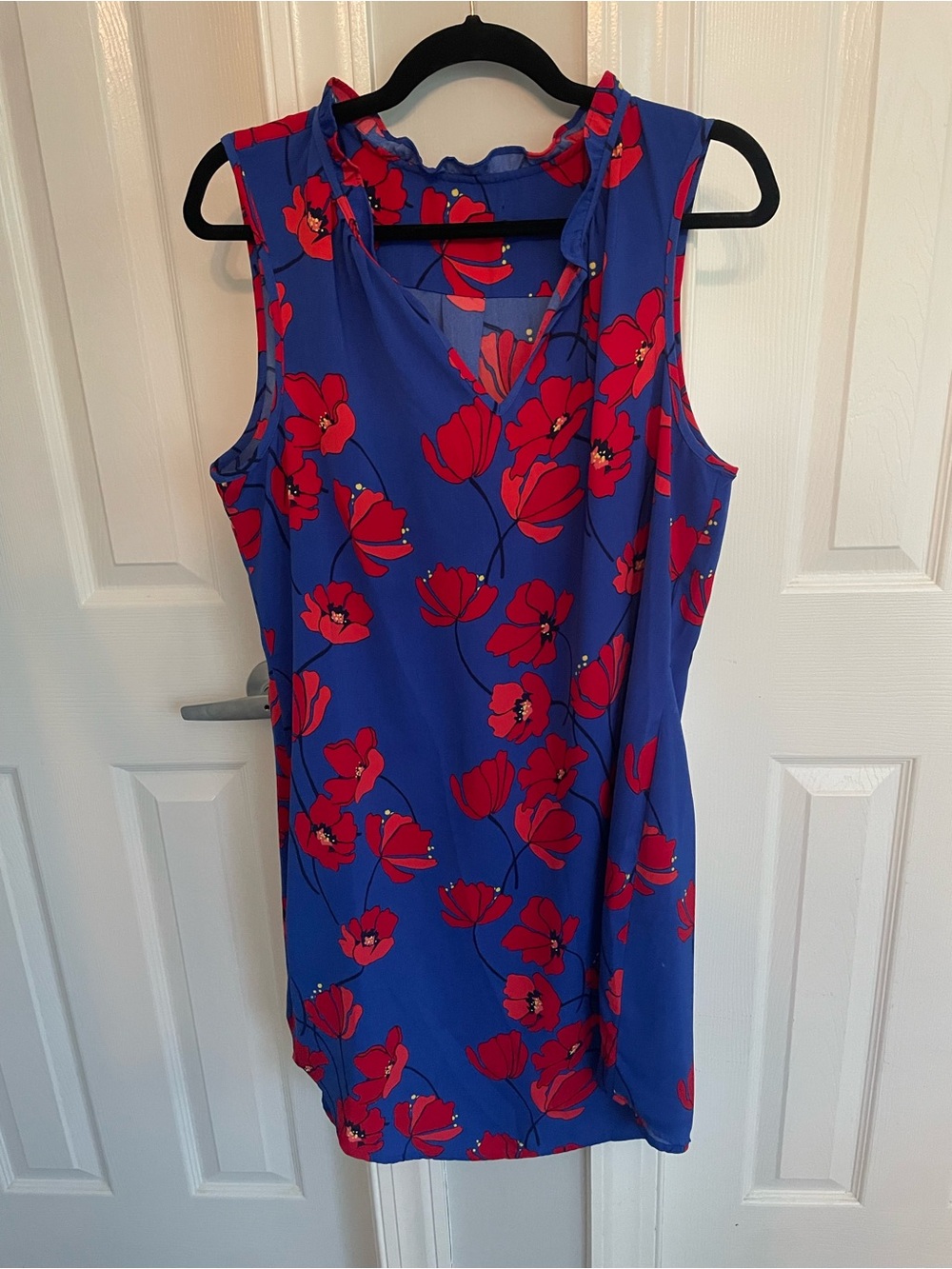 41 Hawthorn Royal Blue Sleeveless Shift Dress with Red Floral Print